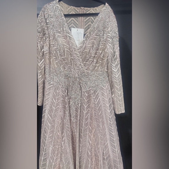 Mac Duggal Beige/Taupe Embellished Illusion Long Sleeve Wrap Over A Line Gown - Picture 6 of 12